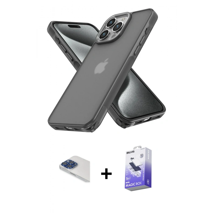 MARSİLYAN™- iPhone 13 Pro Max Kılıf Atlas Form - Siyah Bilvis 5in1 5D Magic Hayalet Cam Ekran Koruyucu + Pers Alüminyum Kamera Lens - LT