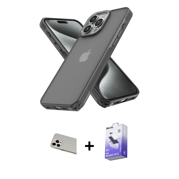 MARSİLYAN™- iPhone 13 Pro Max Kılıf Atlas Form - Siyah Bilvis 5in1 5D Magic Hayalet Cam Ekran Koruyucu + Rainbow Kamera Lens Koruma Cam - BZ