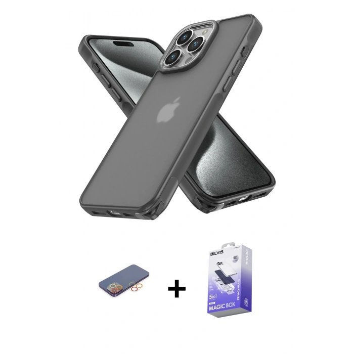 MARSİLYAN™- iPhone 13 Pro Max Kılıf Atlas Form - Siyah Bilvis 5in1 5D Magic Hayalet Cam Ekran Koruyucu + Renkli Kamera Lens Koruma Cam - TU