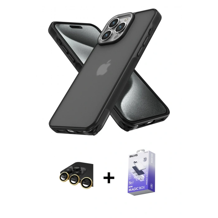 MARSİLYAN™- iPhone 13 Pro Max Kılıf Atlas Form - Siyah Bilvis 5in1 5D Magic Hayalet Cam Ekran Koruyucu + Raze Metal Kamera Lens - GD