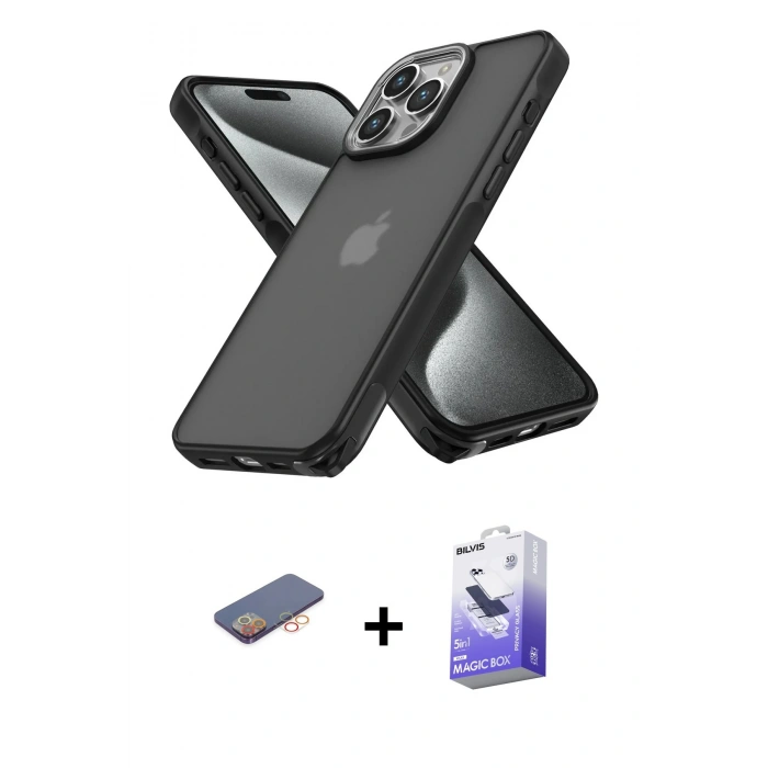 MARSİLYAN™- iPhone 13 Pro Max Kılıf Atlas Form - Siyah Bilvis 5in1 5D Magic Hayalet Cam Ekran Koruyucu + Renkli Kamera Lens Koruma Cam - TU