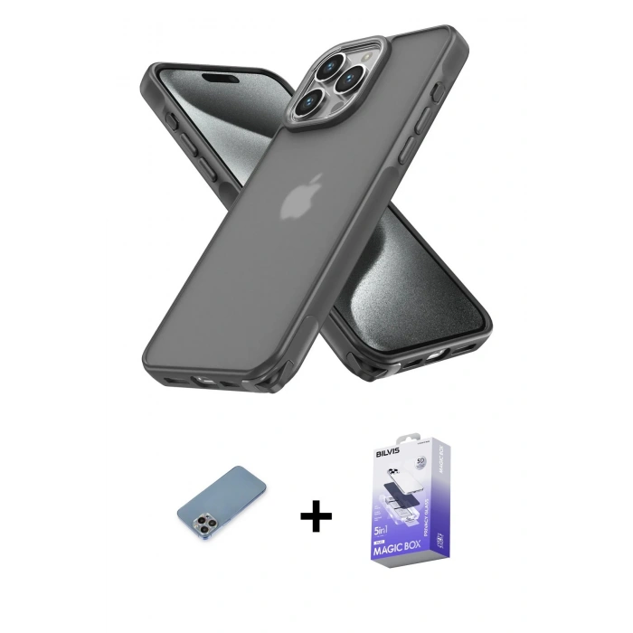 MARSİLYAN™- iPhone 13 Pro Max Kılıf Atlas Form - Siyah Bilvis 5in1 5D Magic Hayalet Cam Ekran Koruyucu + Shine Kamera Lens Koruma Cam - GI