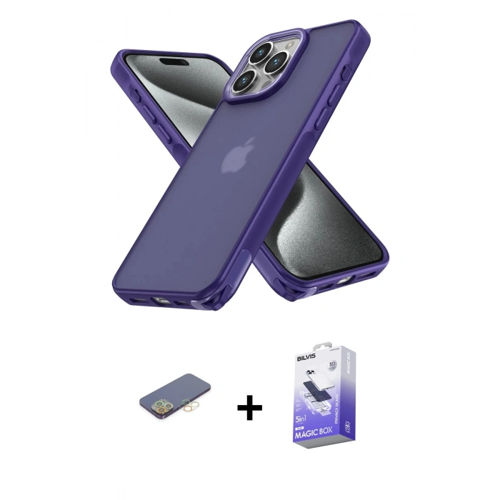 MARSİLYAN™- iPhone 13 Pro Max Kılıf Atlas Form - Siyah Bilvis 5in1 5D Magic Hayalet Cam Ekran Koruyucu + Sarı Renkli Kamera Lens Koruma Cam