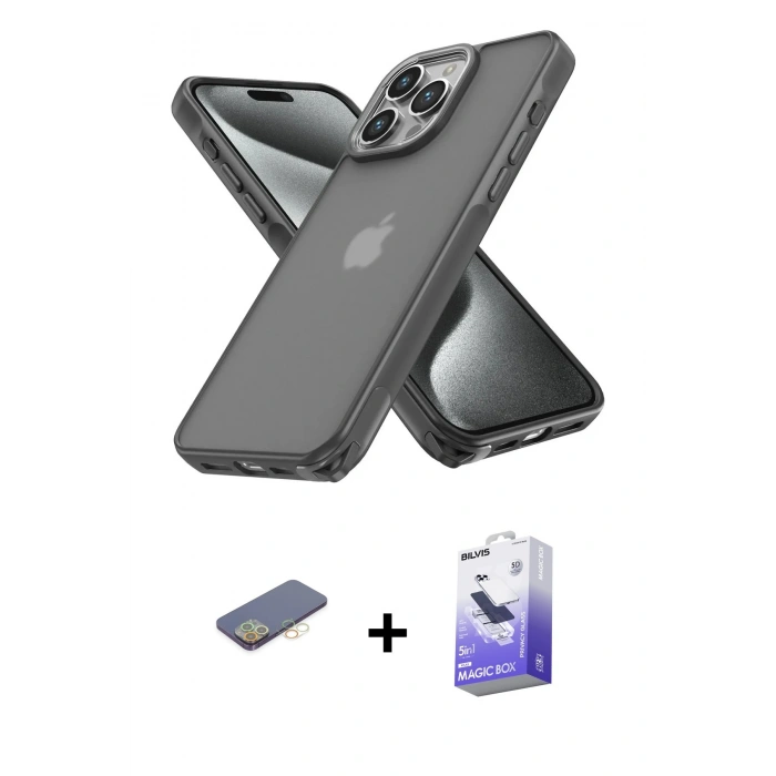 MARSİLYAN™- iPhone 13 Pro Max Kılıf Atlas Form - Siyah Bilvis 5in1 5D Magic Hayalet Cam Ekran Koruyucu + Sarı Renkli Kamera Lens Koruma Cam