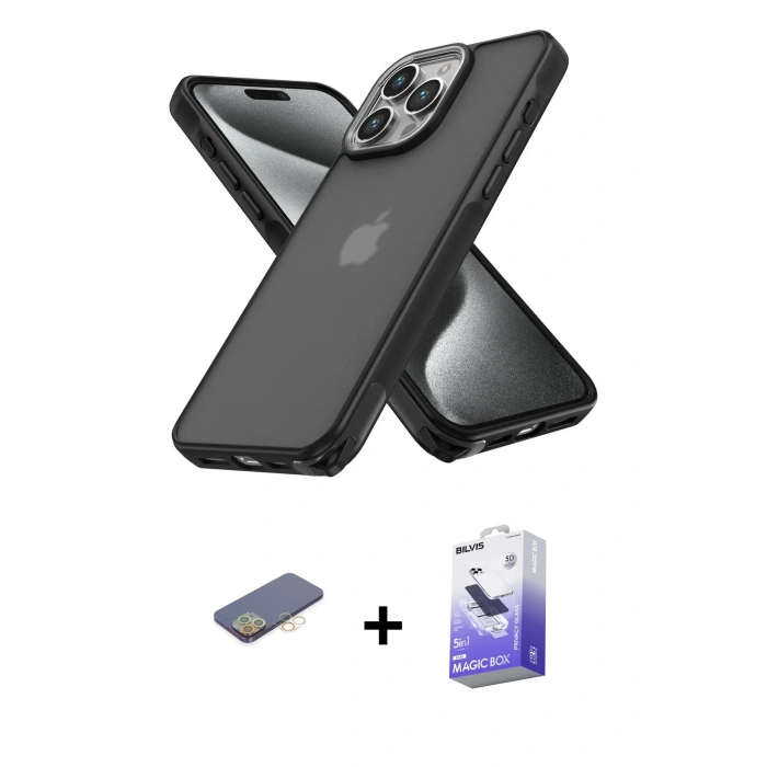 MARSİLYAN™- iPhone 13 Pro Max Kılıf Atlas Form - Siyah Bilvis 5in1 5D Magic Hayalet Cam Ekran Koruyucu + Sarı Renkli Kamera Lens Koruma Cam