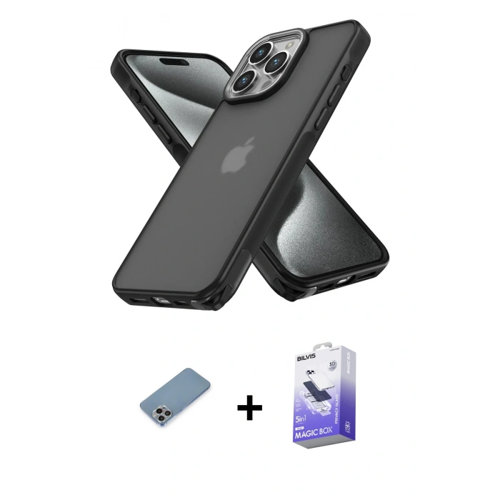 MARSİLYAN™- iPhone 13 Pro Max Kılıf Atlas Form - Siyah Bilvis 5in1 5D Magic Hayalet Cam Ekran Koruyucu + Shine Kamera Lens Koruma Cam - GI