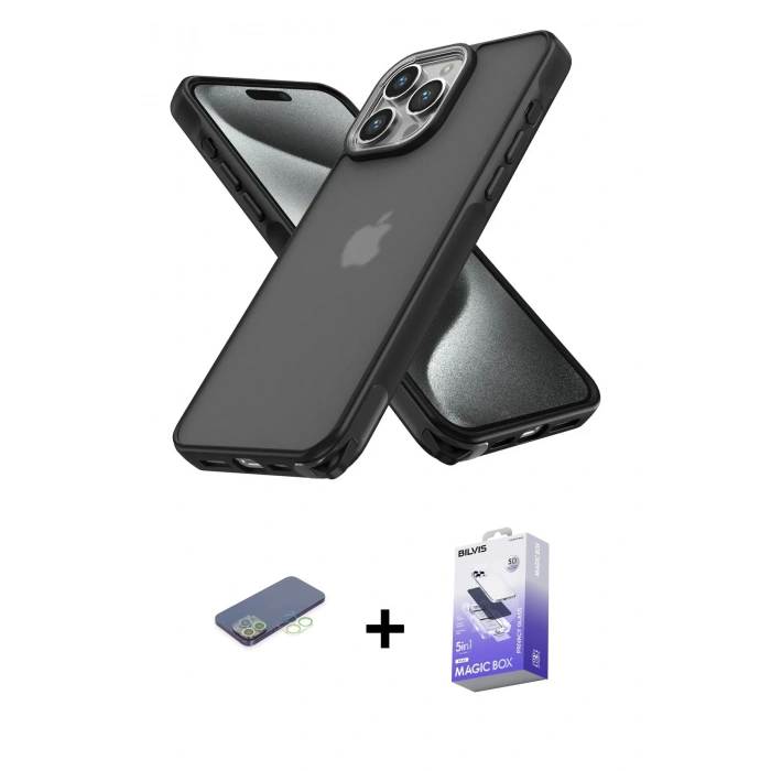 MARSİLYAN™- iPhone 13 Pro Max Kılıf Atlas Form - Siyah Bilvis 5in1 5D Magic Hayalet Cam Ekran Koruyucu + Renkli Kamera Lens Koruma Cam - YL