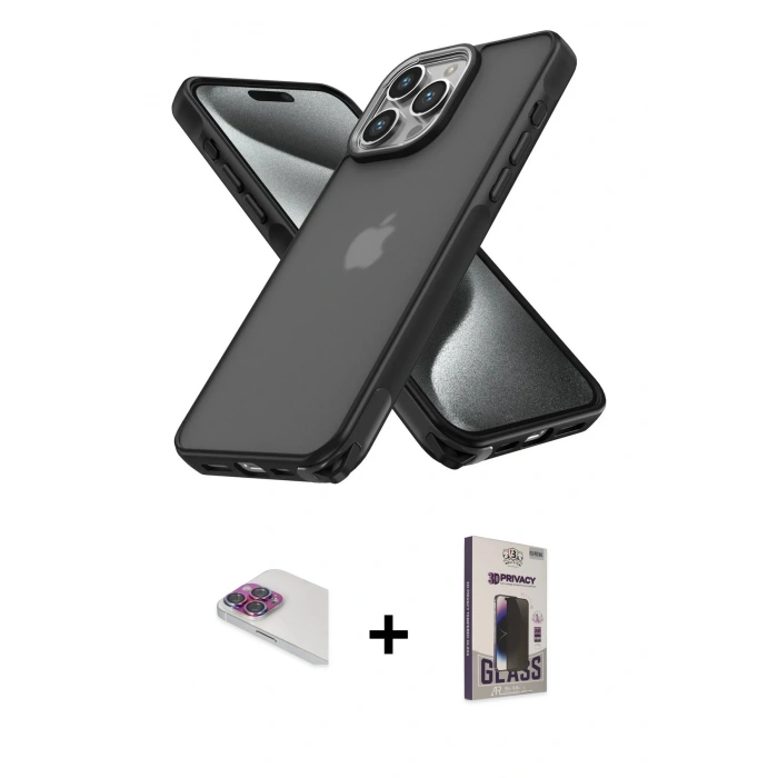 MARSİLYAN™- iPhone 13 Pro Max Kılıf Atlas Form - Siyah Bilvis Hayalet Cam Ekran Koruyucu + Pers Alüminyum Kamera Lens - GI