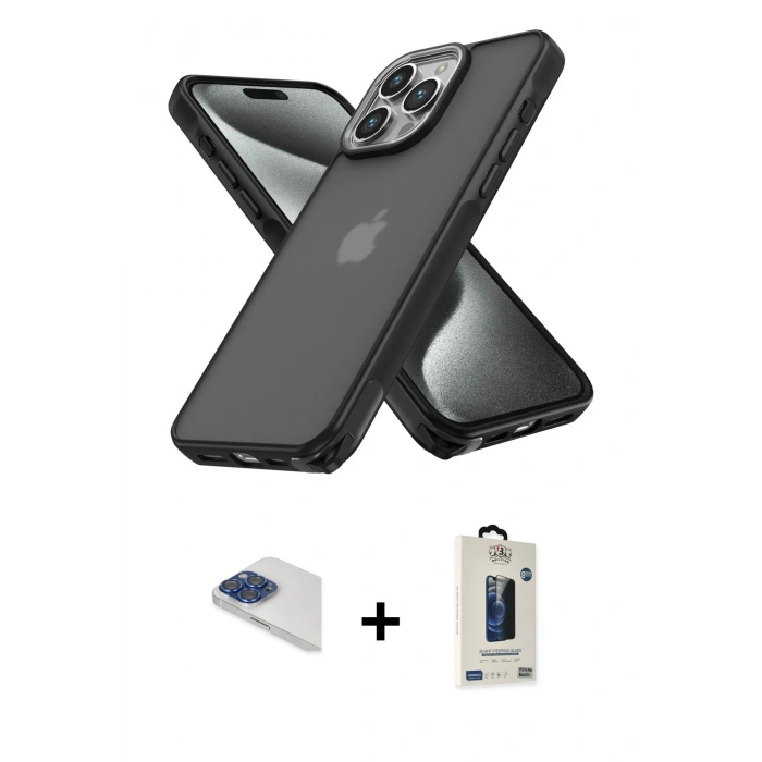 MARSİLYAN™- iPhone 13 Pro Max Kılıf Atlas Form - Siyah Bilvis Hayalet Cam Ekran Koruyucu + Pers Alüminyum Kamera Lens - LT