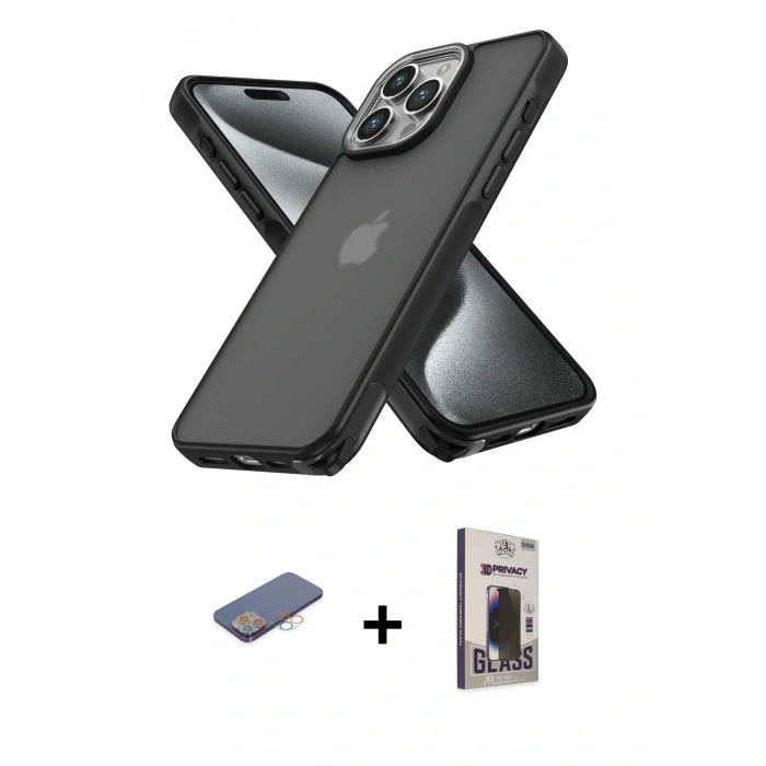MARSİLYAN™- iPhone 13 Pro Max Kılıf Atlas Form - Siyah Bilvis Hayalet Cam Ekran Koruyucu + Pembe Renkli Kamera Lens Koruma Cam