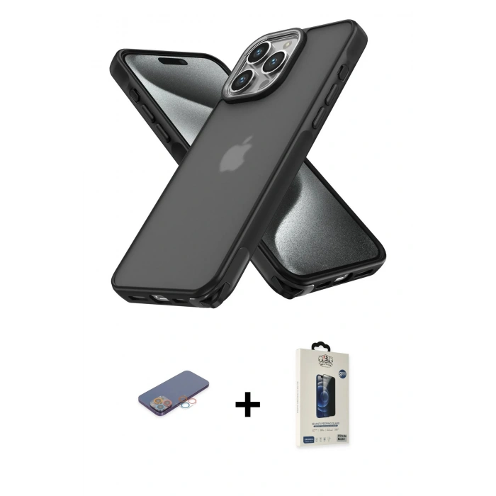 MARSİLYAN™- iPhone 13 Pro Max Kılıf Atlas Form - Siyah Bilvis Hayalet Cam Ekran Koruyucu + Renkli Kamera Lens Koruma Cam - PE