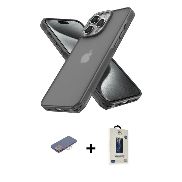 MARSİLYAN™- iPhone 13 Pro Max Kılıf Atlas Form - Siyah Bilvis Hayalet Cam Ekran Koruyucu + Renkli Kamera Lens Koruma Cam - PE