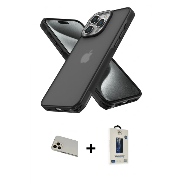 MARSİLYAN™- iPhone 13 Pro Max Kılıf Atlas Form - Siyah Bilvis Hayalet Cam Ekran Koruyucu + Rainbow Kamera Lens Koruma Cam - REGD