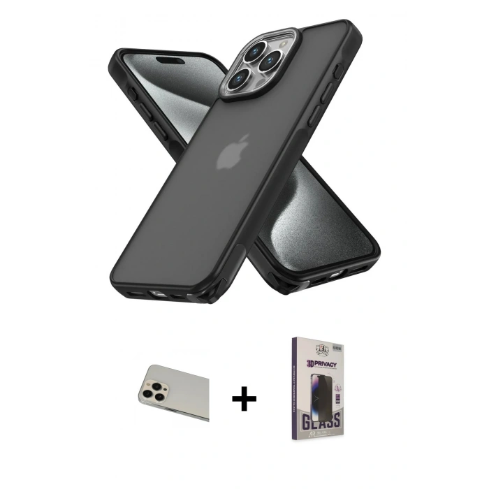 MARSİLYAN™- iPhone 13 Pro Max Kılıf Atlas Form - Siyah Bilvis Hayalet Cam Ekran Koruyucu + Rainbow Kamera Lens Koruma Cam - REGD