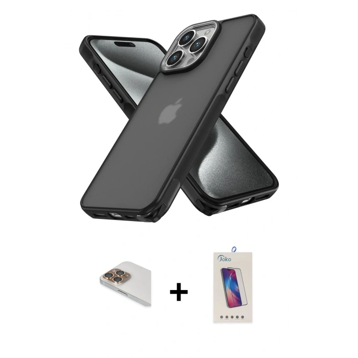 MARSİLYAN™- iPhone 13 Pro Max Kılıf Atlas Form - Siyah Joko 5D Cam + Gold Pers Alüminyum Kamera Lens