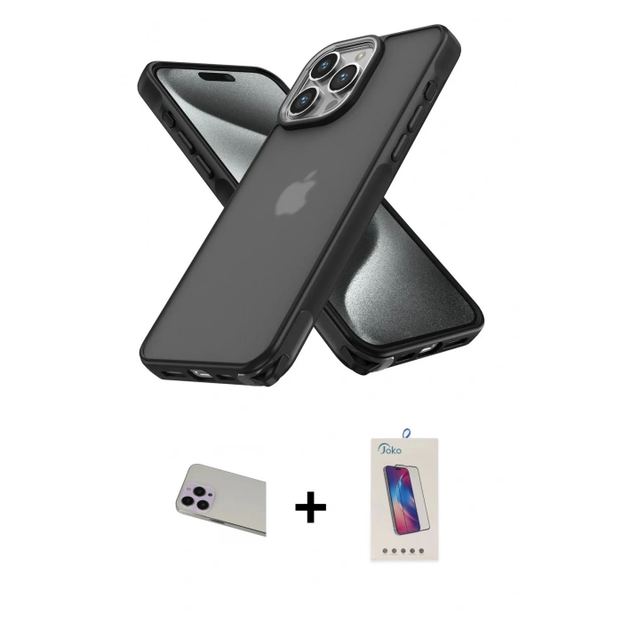 MARSİLYAN™- iPhone 13 Pro Max Kılıf Atlas Form - Siyah Joko 5D Cam + Mor Rainbow Kamera Lens Koruma Cam