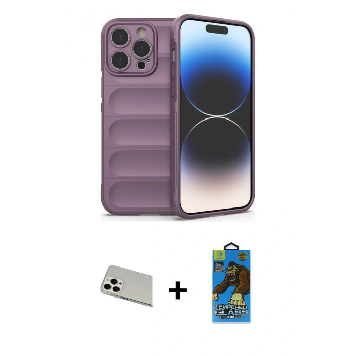 MARSİLYAN™- iPhone 13 Pro Max Kılıf Atlas Koleksiyonu - Siyah 18D Cam Ekran Koruyucu + Rainbow Kamera Lens Koruma Cam - BZ