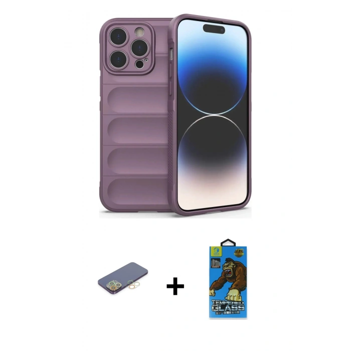 MARSİLYAN™- iPhone 13 Pro Max Kılıf Atlas Koleksiyonu - Siyah 18D Cam Ekran Koruyucu + Renkli Kamera Lens Koruma Cam - SI
