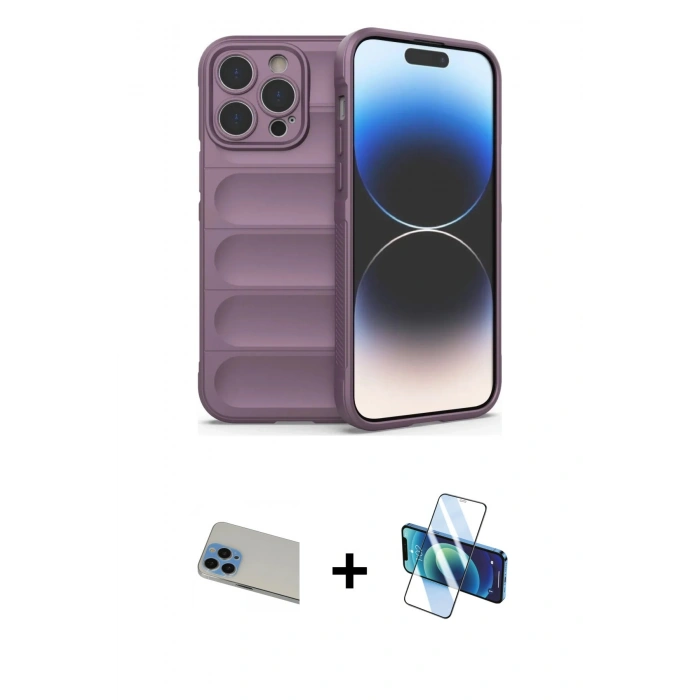 MARSİLYAN™- iPhone 13 Pro Max Kılıf Atlas Koleksiyonu - Siyah 3D Antistatik Cam Ekran Koruyucu + Rainbow Kamera Lens Koruma Cam - MI