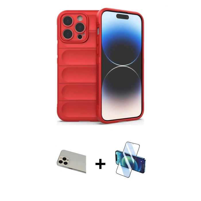 MARSİLYAN™- iPhone 13 Pro Max Kılıf Atlas Koleksiyonu - Siyah 3D Antistatik Cam Ekran Koruyucu + Rainbow Kamera Lens Koruma Cam - REGD