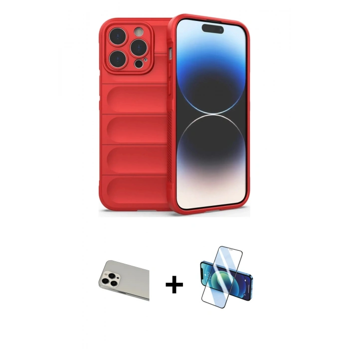 MARSİLYAN™- iPhone 13 Pro Max Kılıf Atlas Koleksiyonu - Siyah 3D Antistatik Cam Ekran Koruyucu + Rainbow Kamera Lens Koruma Cam - BZ