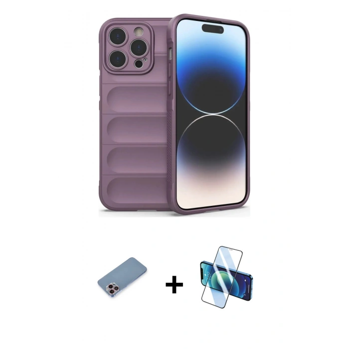 MARSİLYAN™- iPhone 13 Pro Max Kılıf Atlas Koleksiyonu - Siyah 3D Antistatik Cam Ekran Koruyucu + Shine Kamera Lens Koruma Cam - PE