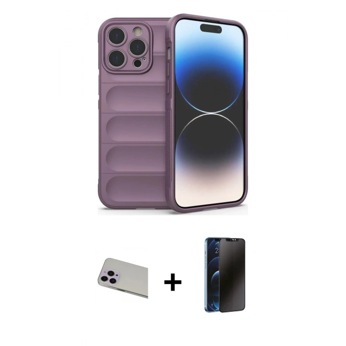 MARSİLYAN™- iPhone 13 Pro Max Kılıf Atlas Koleksiyonu - Siyah 3D Antistatik Hayalet Cam Ekran Koruyucu + Rainbow Kamera Lens Koruma Cam - MR