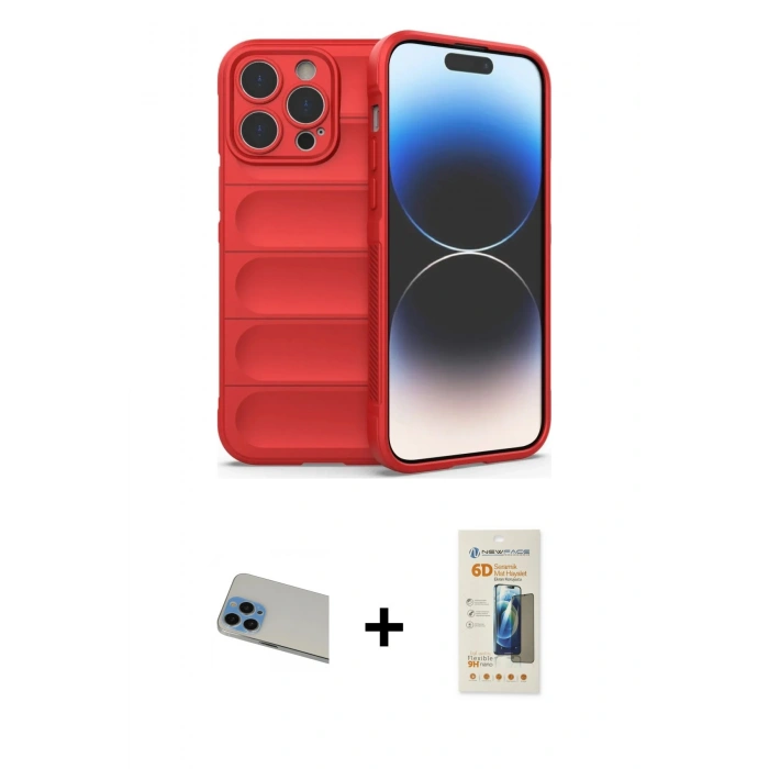 MARSİLYAN™- iPhone 13 Pro Max Kılıf Atlas Koleksiyonu - Siyah 6D Mat Seramik Hayalet Nano Ekran Koruyucu + Mavi Rainbow Kamera Lens Koruma Cam