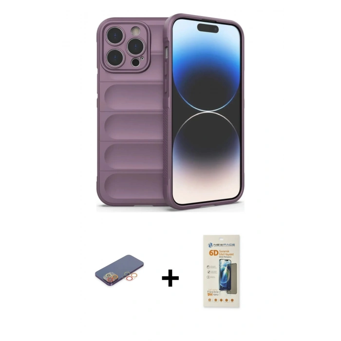 MARSİLYAN™- iPhone 13 Pro Max Kılıf Atlas Koleksiyonu - Siyah 6D Mat Seramik Hayalet Nano Ekran Koruyucu + Renkli Kamera Lens Koruma Cam - TU