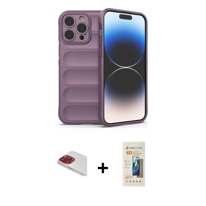 MARSİLYAN™- iPhone 13 Pro Max Kılıf Atlas Koleksiyonu - Siyah 6D Mat Seramik Hayalet Nano Ekran Koruyucu + Pers Alüminyum Kamera Lens - KI