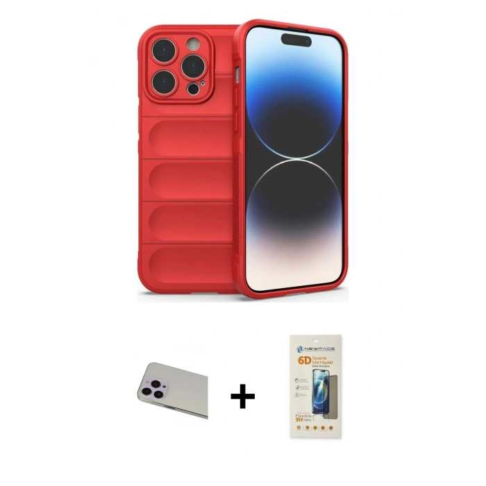MARSİLYAN™- iPhone 13 Pro Max Kılıf Atlas Koleksiyonu - Siyah 6D Mat Seramik Hayalet Nano Ekran Koruyucu + Mor Rainbow Kamera Lens Koruma Cam