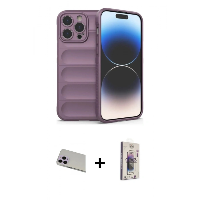 MARSİLYAN™- iPhone 13 Pro Max Kılıf Atlas Koleksiyonu - Siyah Bilvis 3D Cam Ekran Koruyucu + Rainbow Kamera Lens Koruma Cam - MR