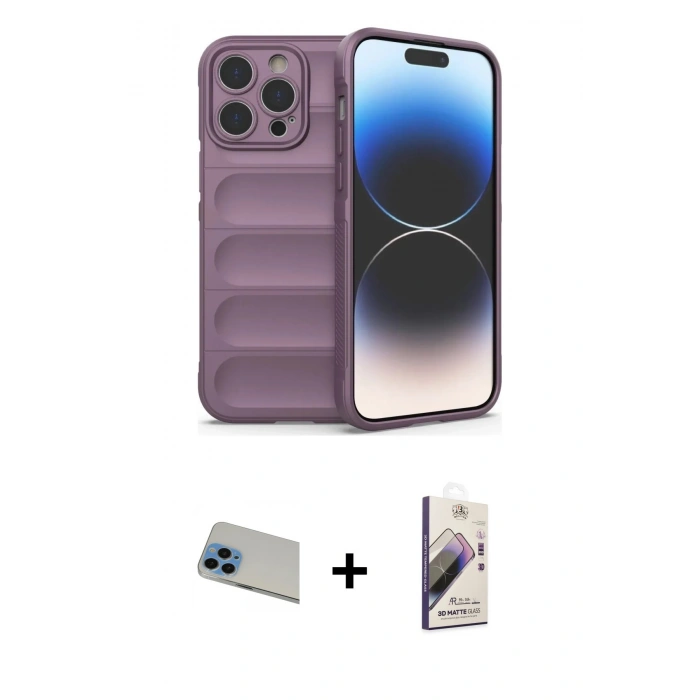MARSİLYAN™- iPhone 13 Pro Max Kılıf Atlas Koleksiyonu - Siyah Bilvis 3D Mat Cam Ekran Koruyucu + Rainbow Kamera Lens Koruma Cam - MI