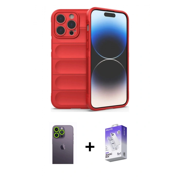 MARSİLYAN™- iPhone 13 Pro Max Kılıf Atlas Koleksiyonu - Siyah Bilvis 5in1 3D Magic Cam Ekran Koruyucu + Neon Fosforlu Kamera Lens - YL