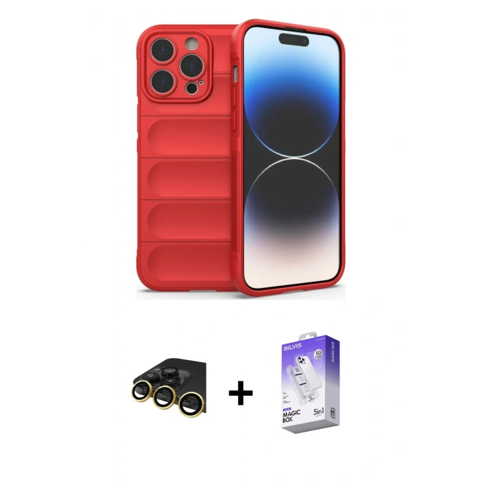 MARSİLYAN™- iPhone 13 Pro Max Kılıf Atlas Koleksiyonu - Siyah Bilvis 5in1 3D Magic Cam Ekran Koruyucu + Raze Metal Kamera Lens - GD
