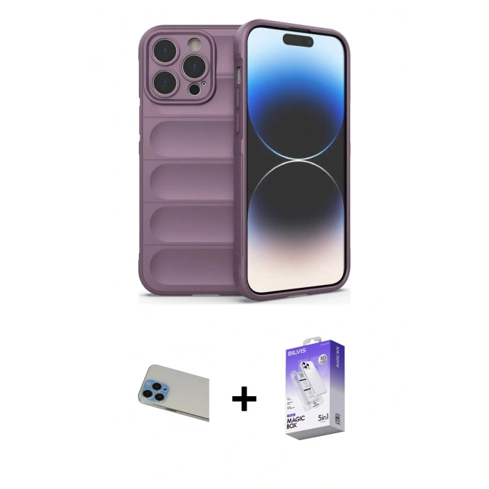 MARSİLYAN™- iPhone 13 Pro Max Kılıf Atlas Koleksiyonu - Siyah Bilvis 5in1 3D Magic Cam Ekran Koruyucu + Rainbow Kamera Lens Koruma Cam - MI