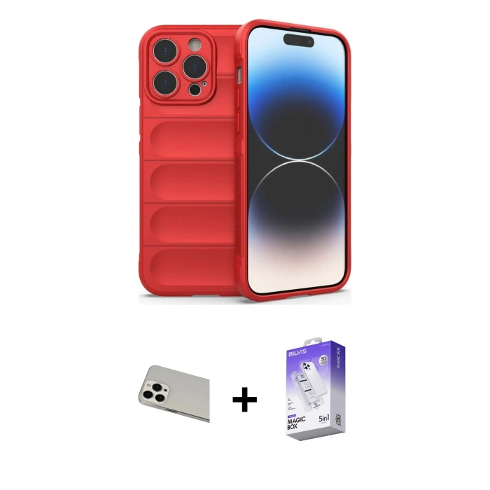 MARSİLYAN™- iPhone 13 Pro Max Kılıf Atlas Koleksiyonu - Siyah Bilvis 5in1 3D Magic Cam Ekran Koruyucu + Rainbow Kamera Lens Koruma Cam - BZ