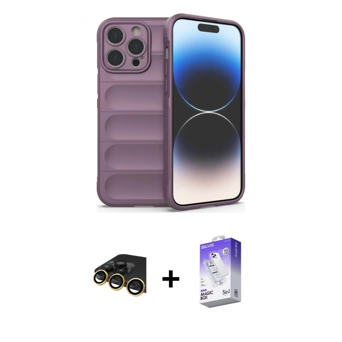 MARSİLYAN™- iPhone 13 Pro Max Kılıf Atlas Koleksiyonu - Siyah Bilvis 5in1 3D Magic Cam Ekran Koruyucu + Raze Metal Kamera Lens - GD