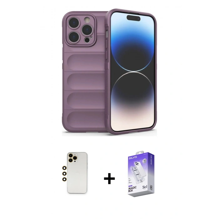 MARSİLYAN™- iPhone 13 Pro Max Kılıf Atlas Koleksiyonu - Siyah Bilvis 5in1 3D Magic Cam Ekran Koruyucu + Shine Kamera Lens - GD