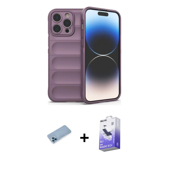 MARSİLYAN™- iPhone 13 Pro Max Kılıf Atlas Koleksiyonu - Siyah Bilvis 5in1 5D Magic Hayalet Cam Ekran Koruyucu + Mavi Shine Kamera Lens Koruma Cam