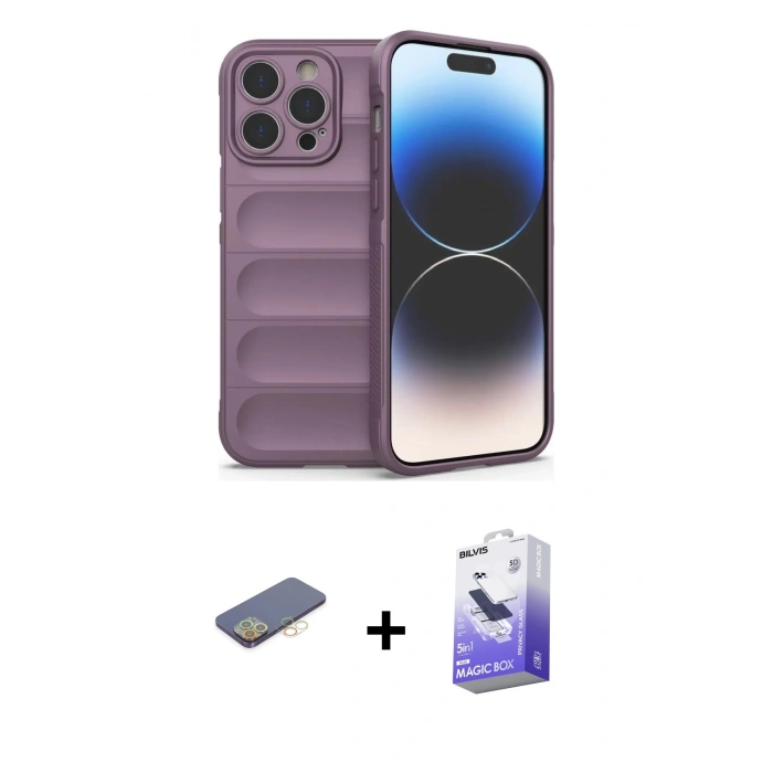 MARSİLYAN™- iPhone 13 Pro Max Kılıf Atlas Koleksiyonu - Siyah Bilvis 5in1 5D Magic Hayalet Cam Ekran Koruyucu + Renkli Kamera Lens Koruma Cam - SI