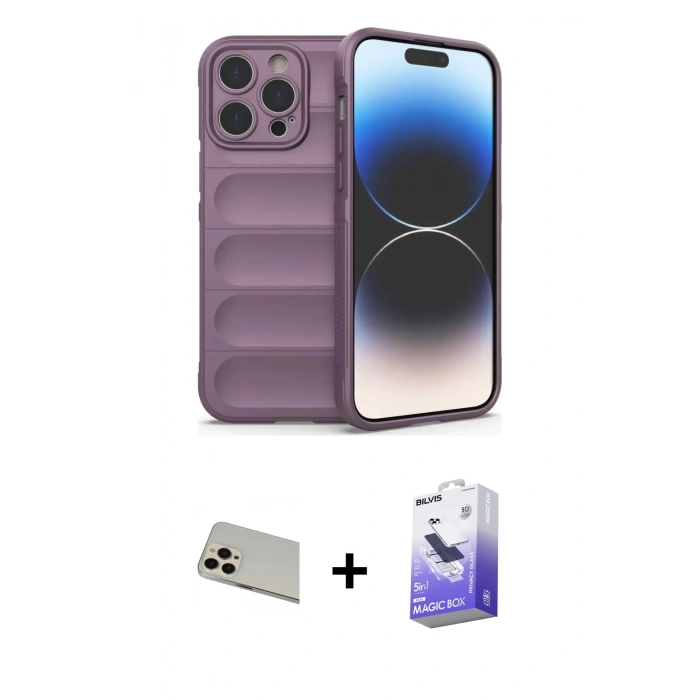 MARSİLYAN™- iPhone 13 Pro Max Kılıf Atlas Koleksiyonu - Siyah Bilvis 5in1 5D Magic Hayalet Cam Ekran Koruyucu + Rainbow Kamera Lens Koruma Cam - REGD