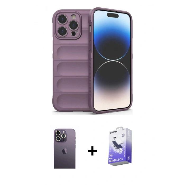 MARSİLYAN™- iPhone 13 Pro Max Kılıf Atlas Koleksiyonu - Siyah Bilvis 5in1 5D Magic Hayalet Cam Ekran Koruyucu + Beyaz Neon Fosforlu Kamera Lens