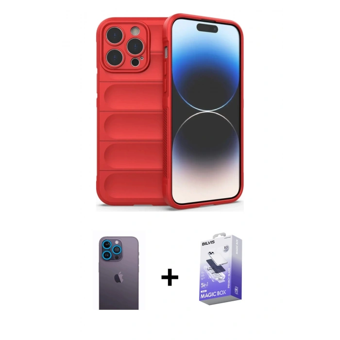 MARSİLYAN™- iPhone 13 Pro Max Kılıf Atlas Koleksiyonu - Siyah Bilvis 5in1 5D Magic Hayalet Cam Ekran Koruyucu + Mavi Neon Fosforlu Kamera Lens