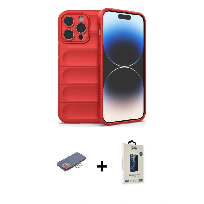 MARSİLYAN™- iPhone 13 Pro Max Kılıf Atlas Koleksiyonu - Siyah Bilvis Hayalet Cam Ekran Koruyucu + Renkli Kamera Lens Koruma Cam - TU