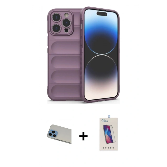 MARSİLYAN™- iPhone 13 Pro Max Kılıf Atlas Koleksiyonu - Siyah Joko 5D Cam + Mavi Rainbow Kamera Lens Koruma Cam