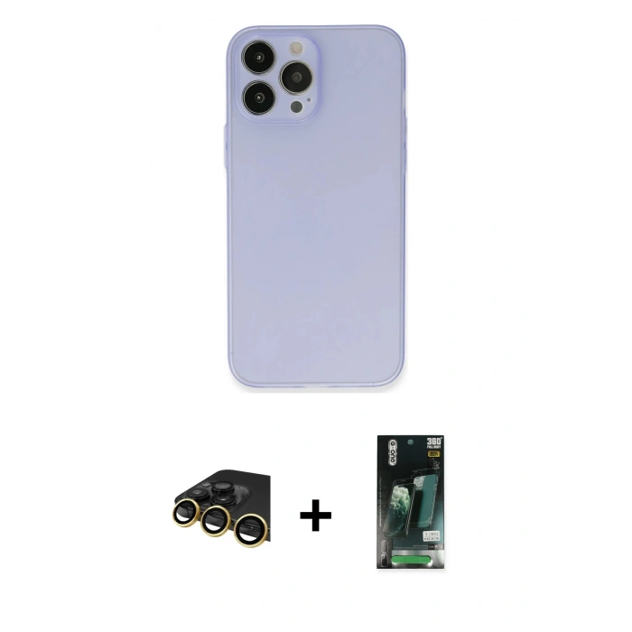MARSİLYAN™- iPhone 13 Pro Max Kılıf Atlas Minimal Prime - Şeffaf 360 Full Body Arka Koruyucu + Gold Raze Metal Kamera Lens