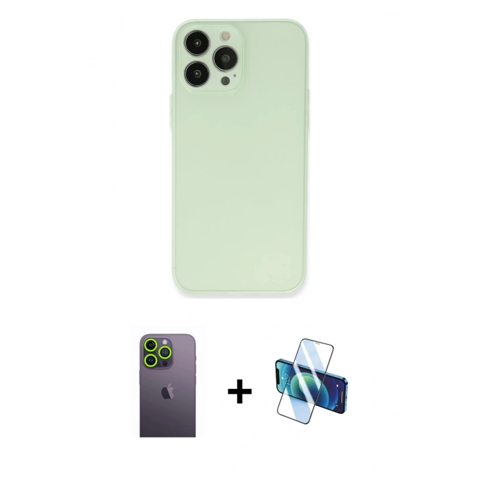 MARSİLYAN™- iPhone 13 Pro Max Kılıf Atlas Minimal Prime - Siyah 3D Antistatik Cam Ekran Koruyucu + Neon Fosforlu Kamera Lens - YL