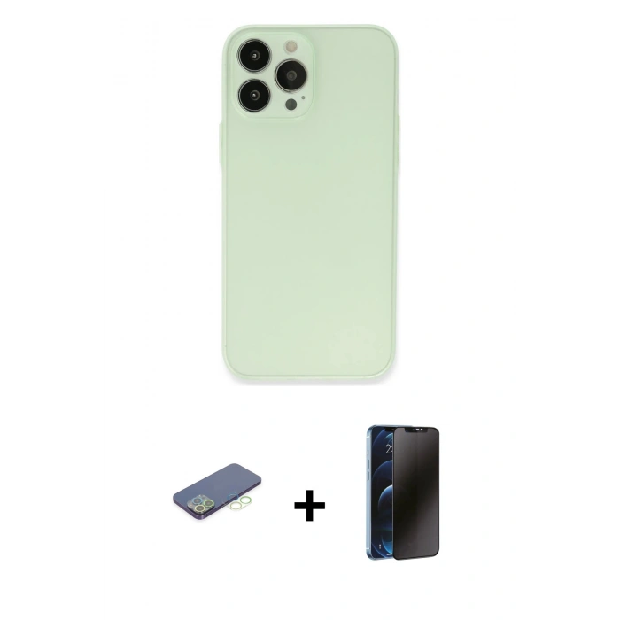 MARSİLYAN™- iPhone 13 Pro Max Kılıf Atlas Minimal Prime - Siyah 3D Antistatik Hayalet Cam Ekran Koruyucu + Yeşil Renkli Kamera Lens Koruma Cam
