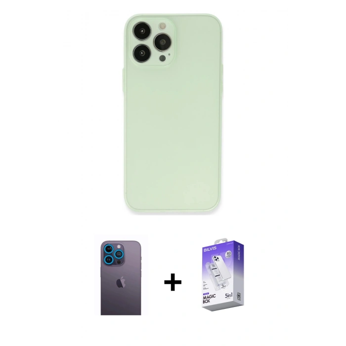 MARSİLYAN™- iPhone 13 Pro Max Kılıf Atlas Minimal Prime - Siyah Bilvis 5in1 3D Magic Cam Ekran Koruyucu + Neon Fosforlu Kamera Lens - MI